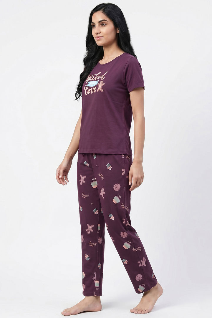 Zivame Farm Lore Knit Cotton Pyjama Set - Plum Purple — image 4